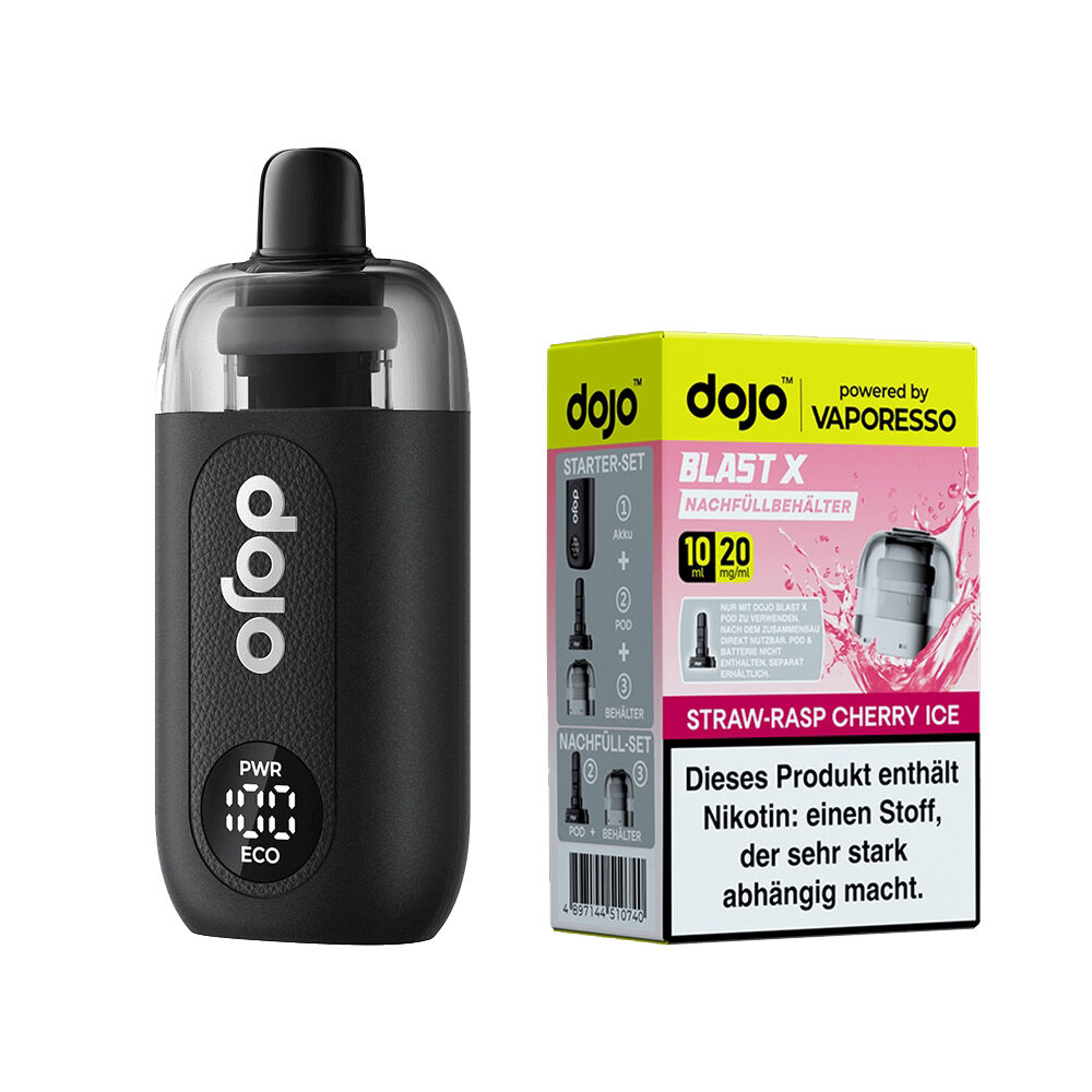 Vaporesso Dojo Blast X Set - Straw Rasp Cherry Ice 20mg Vaporesso Dojo Blast X Set mit schwarzem Gerät und Verpackung mit Straw Rasp Cherry Ice 20mg, enthält Nikotinlabel und Produktinformationen.