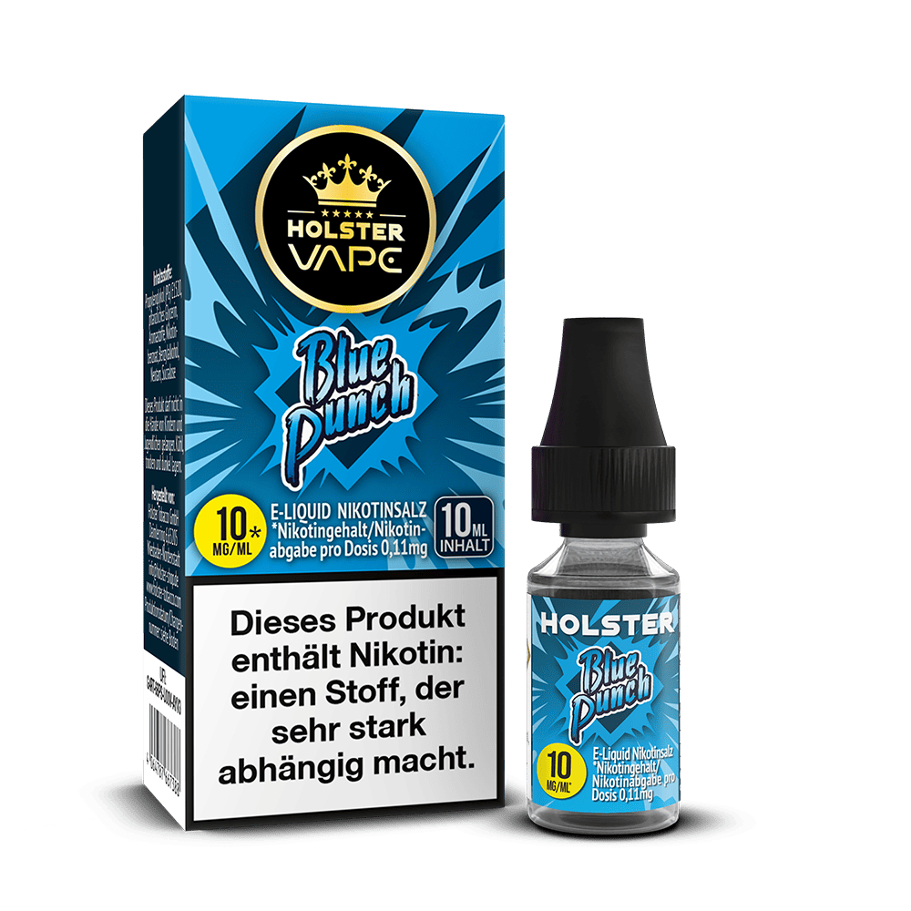Holster Vape Blue Punch Nikotinsalz 10mg E-Liquid, 10ml Flasche neben Verpackung, Warnhinweis enthält Nikotin