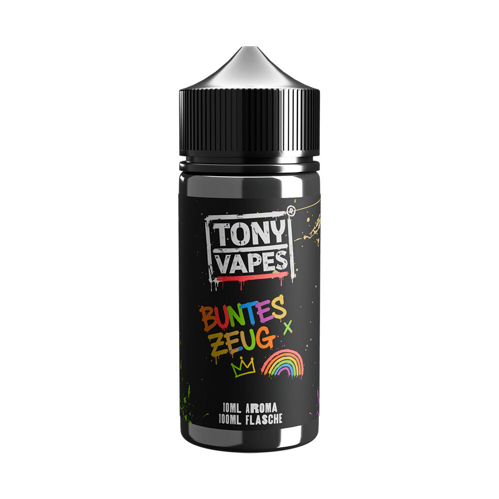 Flasche mit "Tony Vapes" Label, "Buntes Zeug" Schriftzug, bunte Symbole, 100ml Kapazität.