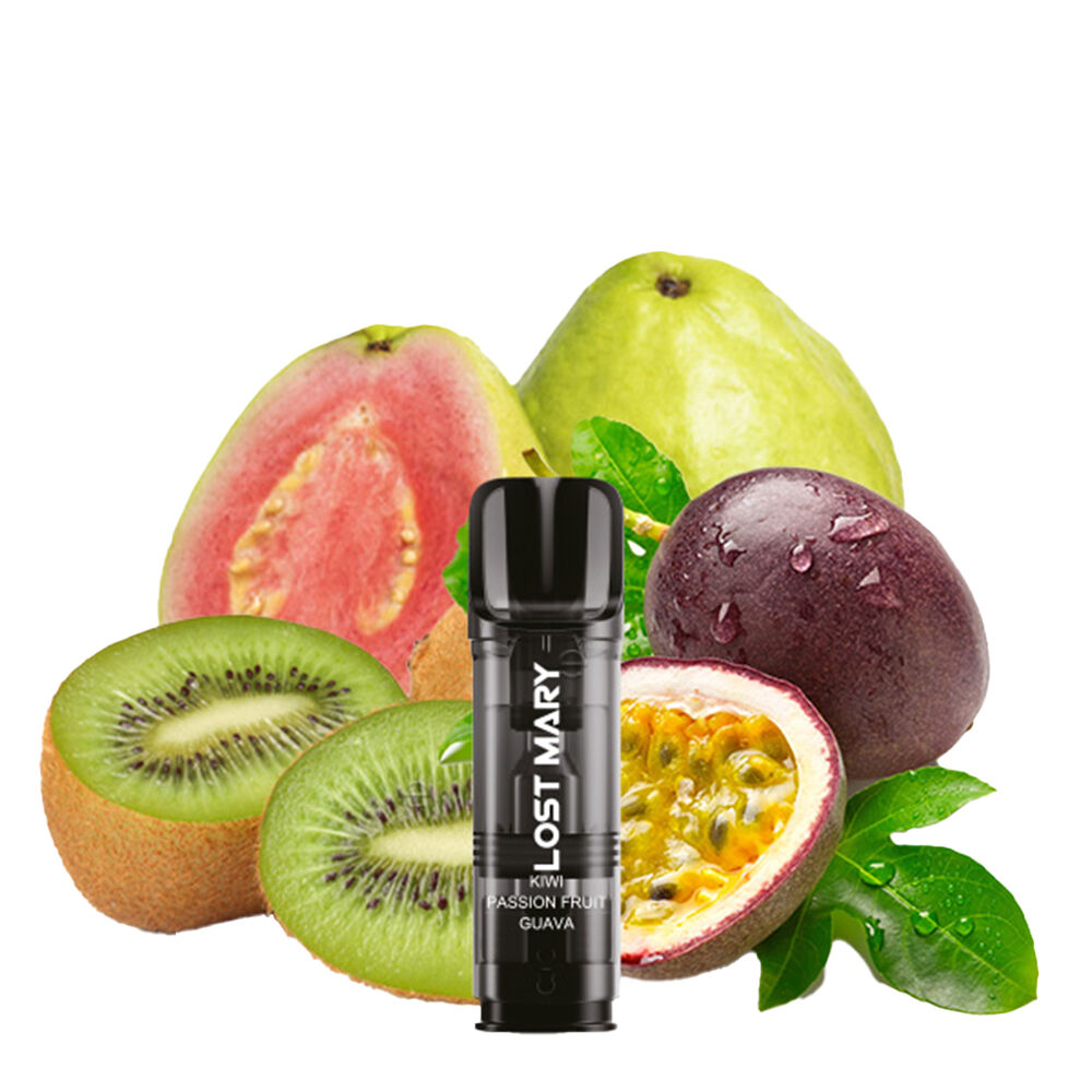 Kiwi Passion Fruit Guava 20mg - Lost Mary Tappo Pods Tappo Pod von Lost Mary vor einer Anordnung von Kiwi, Maracuja und Guava, Text auf Pod: Kiwi Passion Fruit Guava.