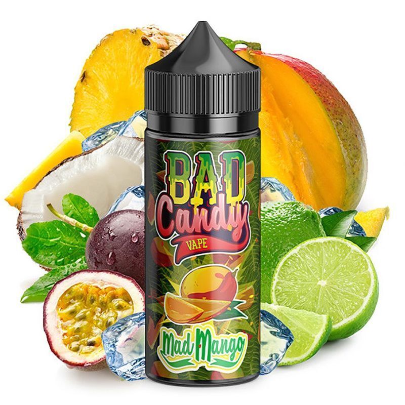 Aroma Mad Mango von Bad Candy Flasche Bad Candy Vape Aroma Mad Mango, umgeben von Mango, Ananas, Limette, Kokosnuss und Passionsfrucht, mit buntem Etikettendesign