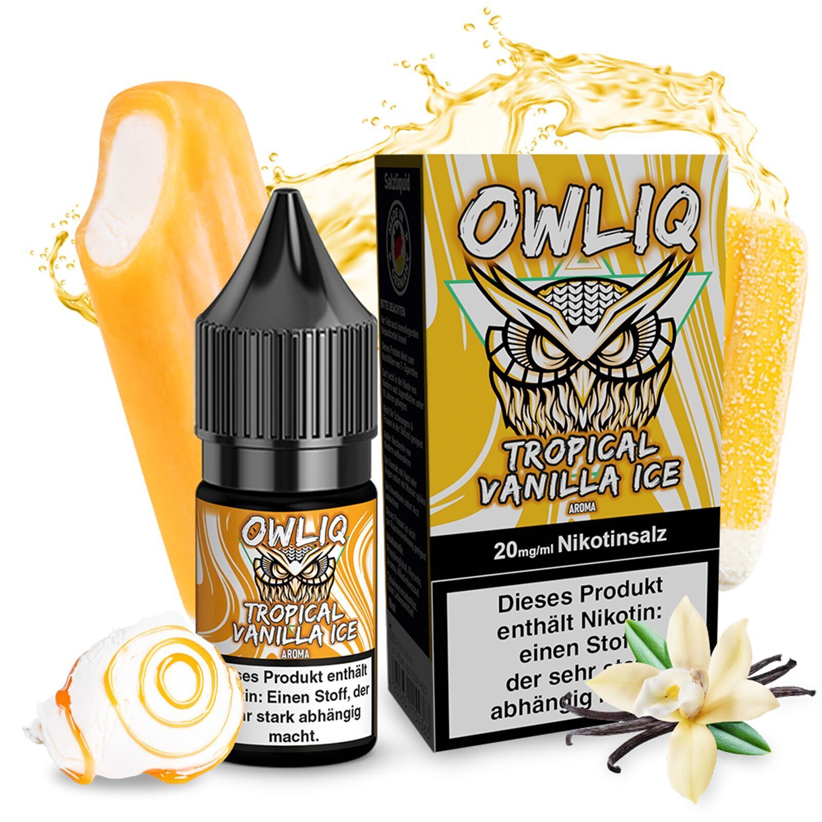 Liquid IQ Tropical Vanilla Ice 20mg - Owl Salt Nikotinsalz Flasche und Verpackung von Owl Salt Nikotinsalz Tropical Vanilla Ice 20mg vor orangefarbenem Stieleis und Vanilleblüten auf weißem Hintergrund.