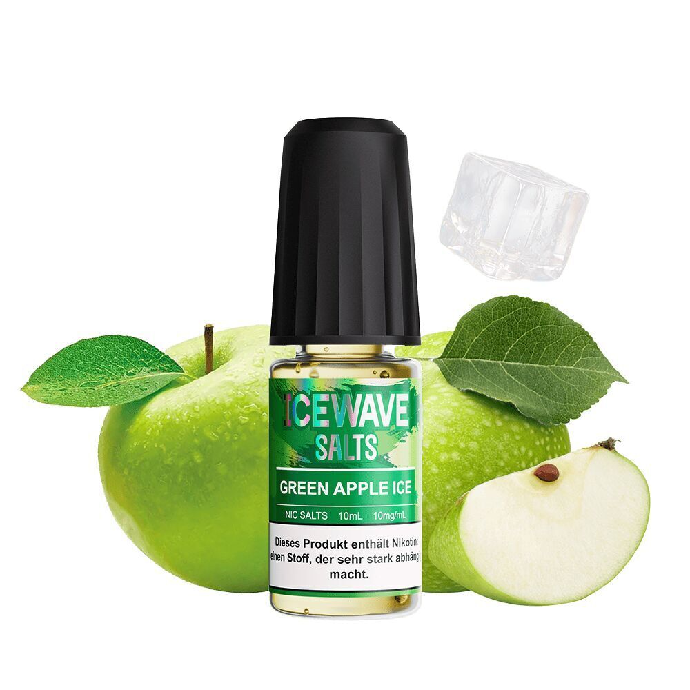 Icewave Nikotinsalz - Green Apple Ice 10mg Icewave Green Apple Ice Nikotinsalz 10mg, grüne Äpfel und Eiswürfel daneben, Flasche mit schwarzem Verschluss und Etikett sichtbar.