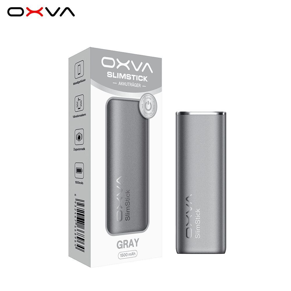 Oxva Slimstick Akku - Gray Oxva Slimstick Akku in Grau, zu sehen mit Verpackung, Kapazität von 1500 mAh, Oxva-Logo auf dem Gehäuse.