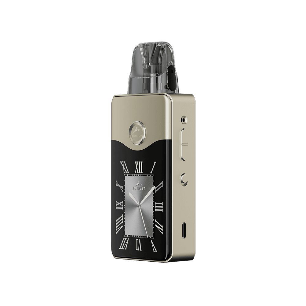 Voopoo Vinci E120 Pod Kit - Golden Voopoo Vinci E120 Pod Kit in Gold mit schwarzem Rand und römischen Ziffern, durchsichtigem Pod oben, rechteckigem Display und runden Tasten.
