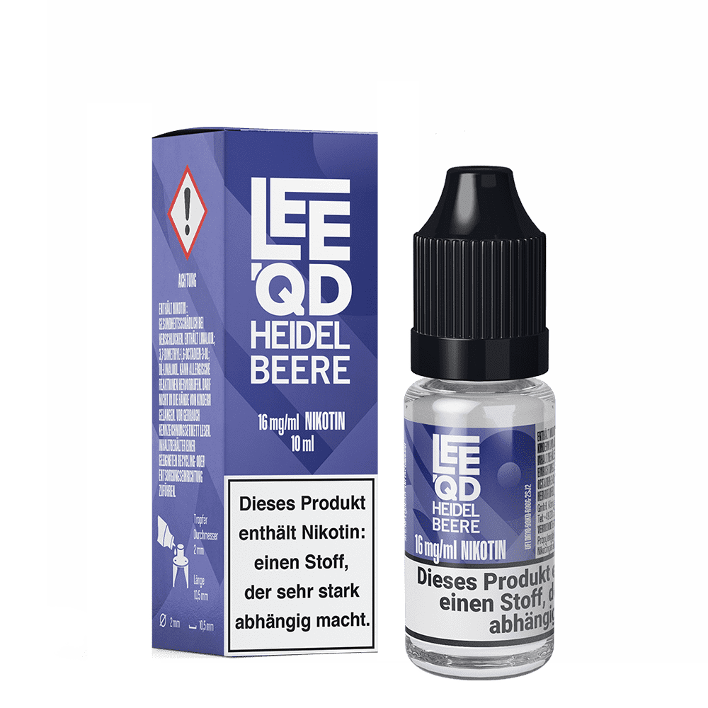 Liquid Fruit Heidelbeere 16mg - Leeqd Eine Flasche und Schachtel Leeqd Liquid - Fruit Heidelbeere mit 16mg Nikotin, Warnhinweis auf starkes Abhängigkeitspotenzial.