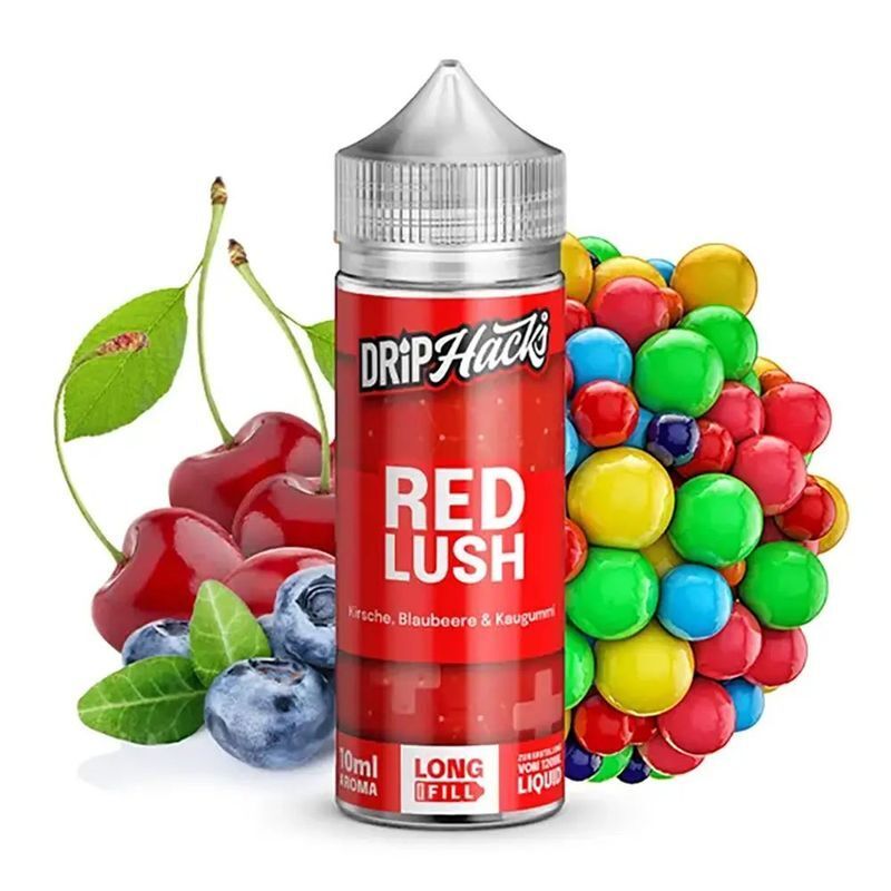 Aroma Red Lush von Drip Hacks Drip Hacks Aroma Red Lush Flasche neben Kirschen, Blaubeeren und bunten Kaugummikugeln, 10ml Longfill Aroma-Text sichtbar.