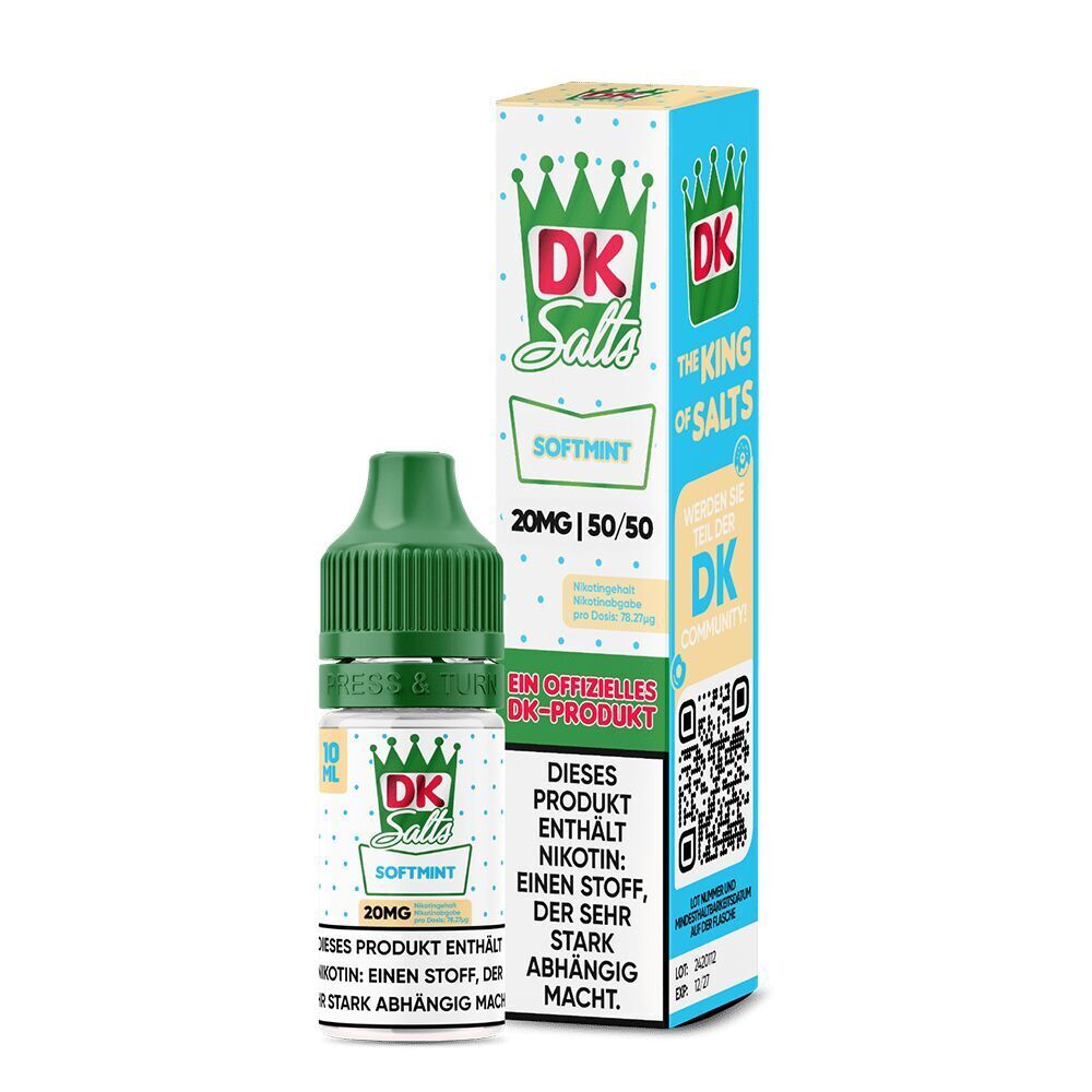 Liquid Softmint 20mg - DK Salts DK Salts Nikotinsalz Softmint 20mg Flasche und Verpackung mit grünem Deckel, weißem Etikett, Hinweisen auf Nikotinabhängigkeit, Markenlogo und QR-Code.