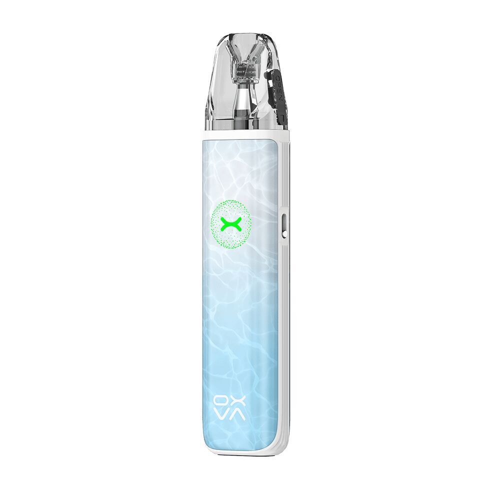 Oxva Xlim Go 2 Pod Kit - Blue Ripple Oxva Xlim Go 2 Pod Kit in Blau mit transparentem Mundstück und grüner Logo-Animation, zeigt ein wellenförmiges Design im Hintergrund.