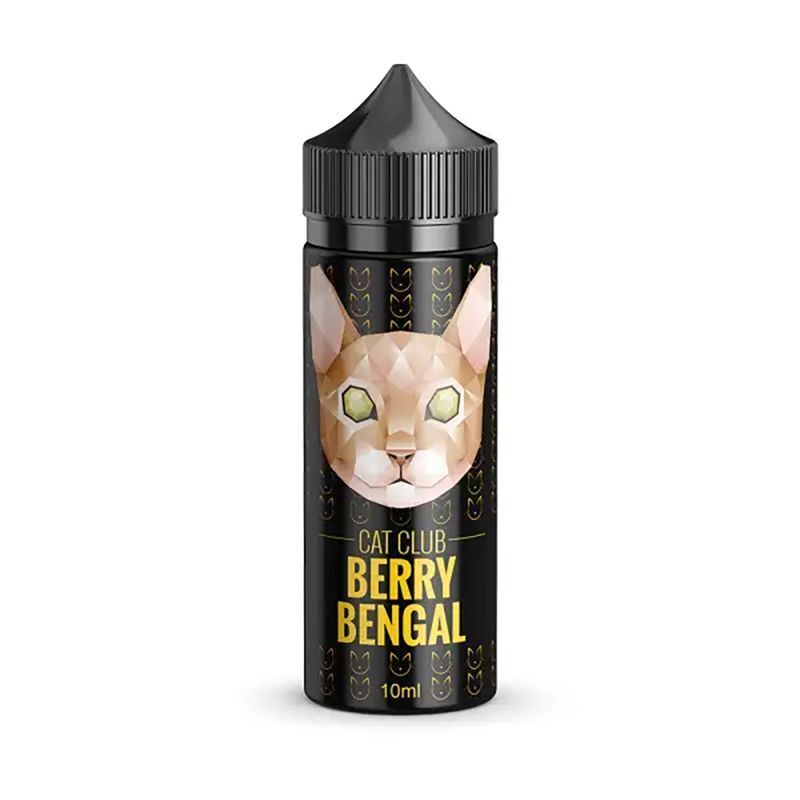Copy Cat Aroma - Berry Bengal Flasche mit geometrischer Katzenillustration, schwarzer Hintergrund, gelbe Aufschrift „Cat Club Berry Bengal“ mit kleinen Katzensymbolen, 10ml