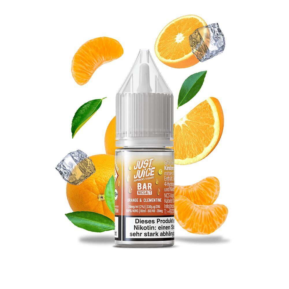 Liquid Orange & Clementine 20mg - Just Juice Just Juice Nikotinsalzflasche mit Orangenscheibe, Clementinenstücken, Eiswürfeln und Blättern auf weißem Hintergrund