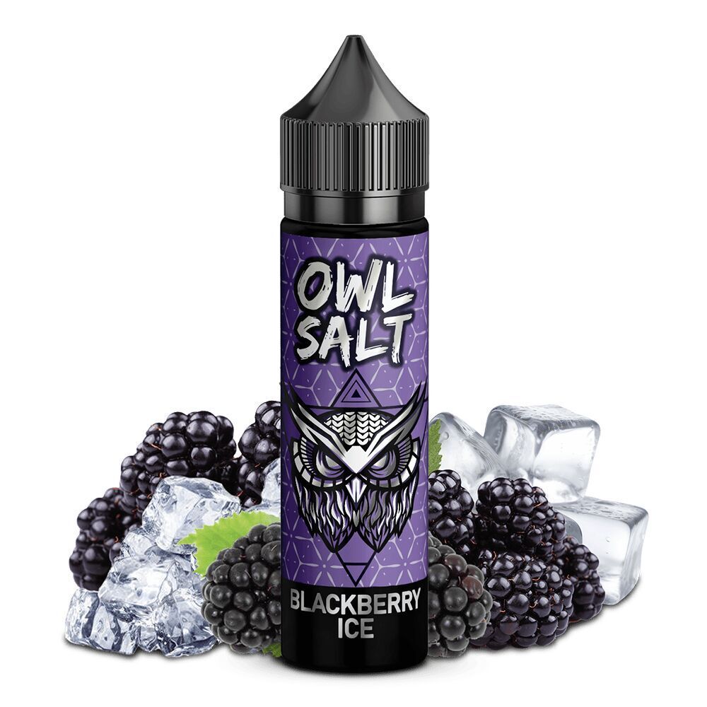 Aroma Blackberry Ice - Owl Salt Lila Flasche mit Eulen-Design, Aufschrift "OWL SALT BLACKBERRY ICE", umgeben von Brombeeren und Eiswürfeln