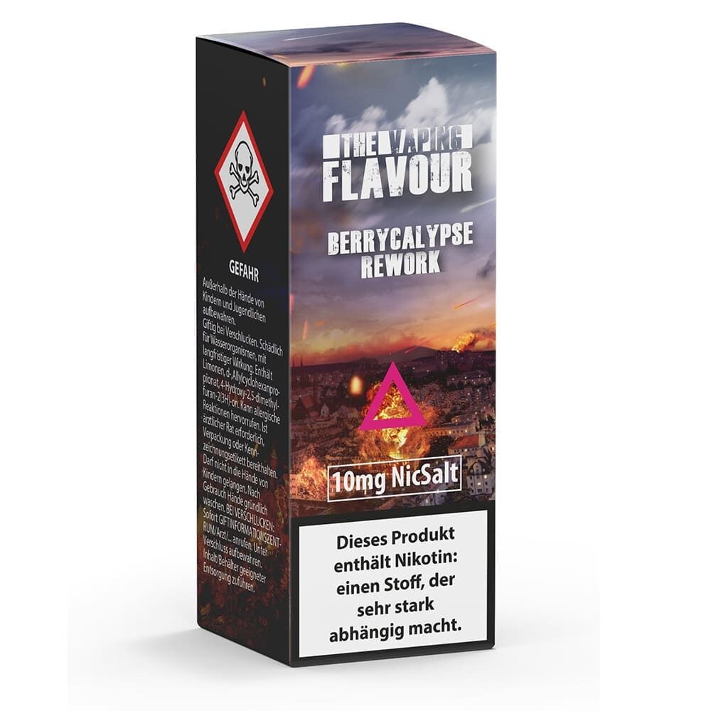Liquid Berrycalypse 10mg - The Vaping Flavour Verpackung von The Vaping Flavour Nikotinsalz Berrycalypse 10mg mit Warnhinweisen, einem Totenkopf-Symbol und brennender Landschaft im Hintergrund.