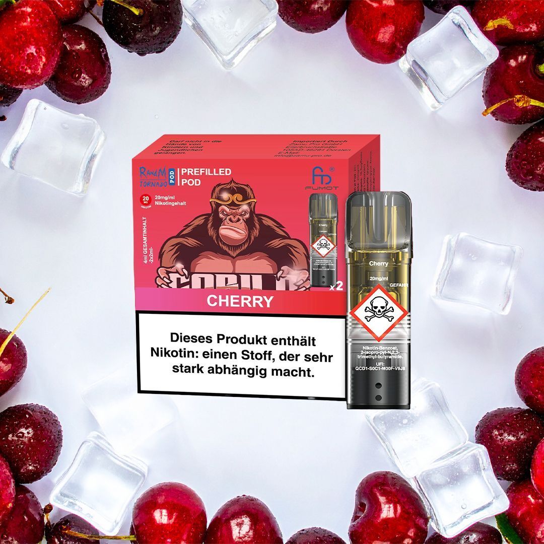 RandM Tornado Pods - Cherry RandM Tornado Pods Cherry Verpackung mit Gorilla-Motiv, daneben Cherry-Pod mit Warnhinweisen umgeben von Kirschen und Eiswürfeln.