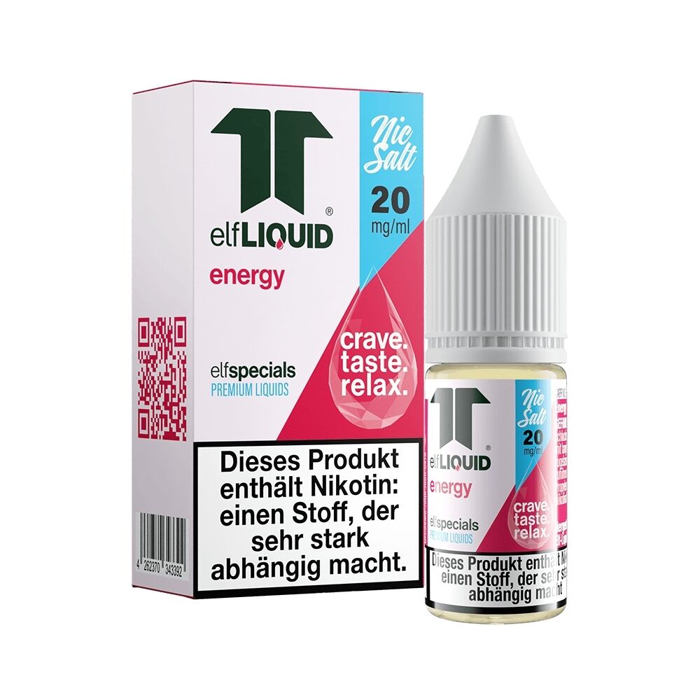 Elf Liquid Nikotinsalz - Energy Elf Liquid Nikotinsalz Energy 20 mg/ml Flasche und Verpackung mit Warnhinweis zu Nikotinsucht.
