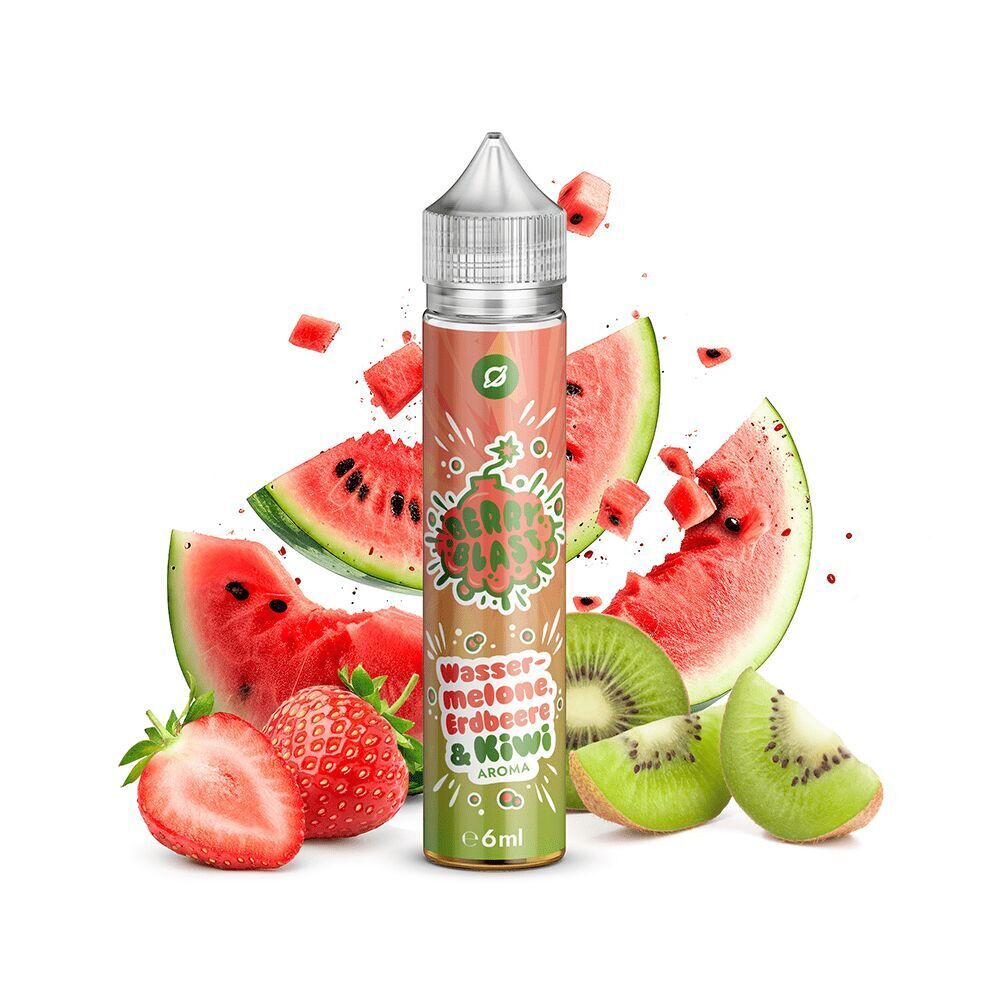 Flavorverse Aroma - Wassermelone, Erdbeere und Kiwi Aromaflasche mit Aufschrift "Wassermelone, Erdbeere & Kiwi", umgeben von frischen Wassermelonen-, Erdbeer- und Kiwistücken