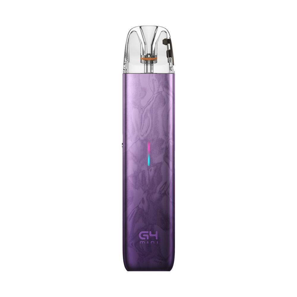 Uwell Caliburn G4 Mini Pod Kit - Phoenix Purple Uwell Caliburn G4 Mini Pod Kit in glänzendem Phoenix Purple mit transparentem Mundstück und LED-Leiste auf der Vorderseite.