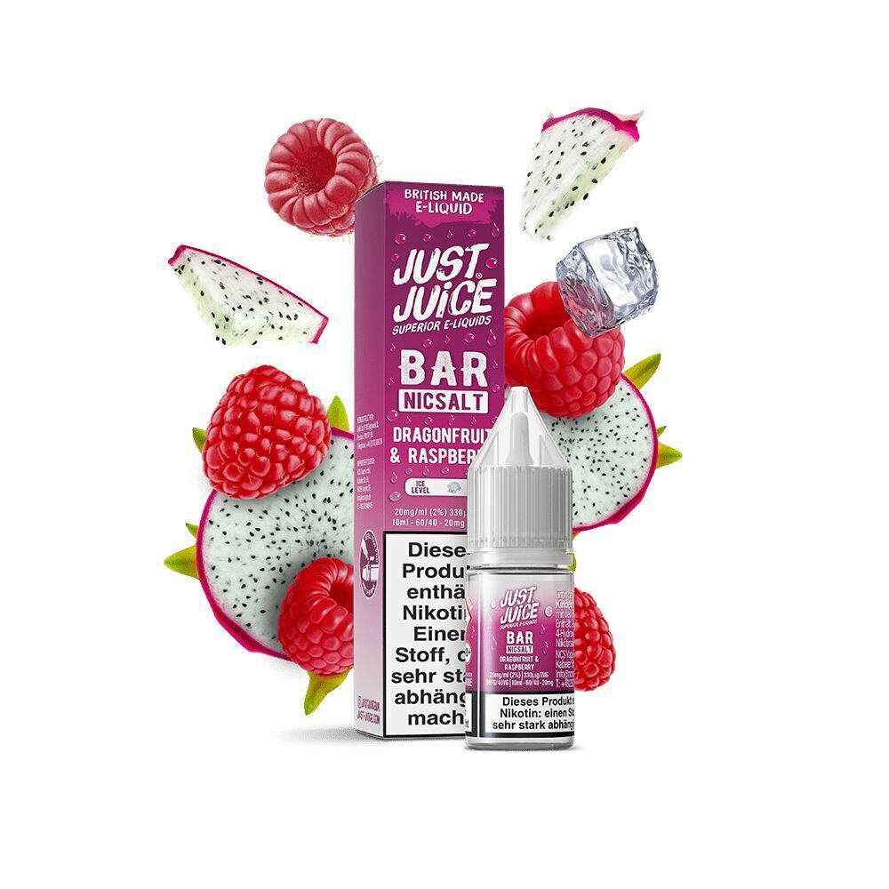 Liquid Dragonfruit & Raspberry 20mg - Just Juice Just Juice Nikotinsalz Dragonfruit & Raspberry 20mg Flasche und Verpackung, umgeben von Himbeeren, Drachenfrucht und Eiswürfeln.