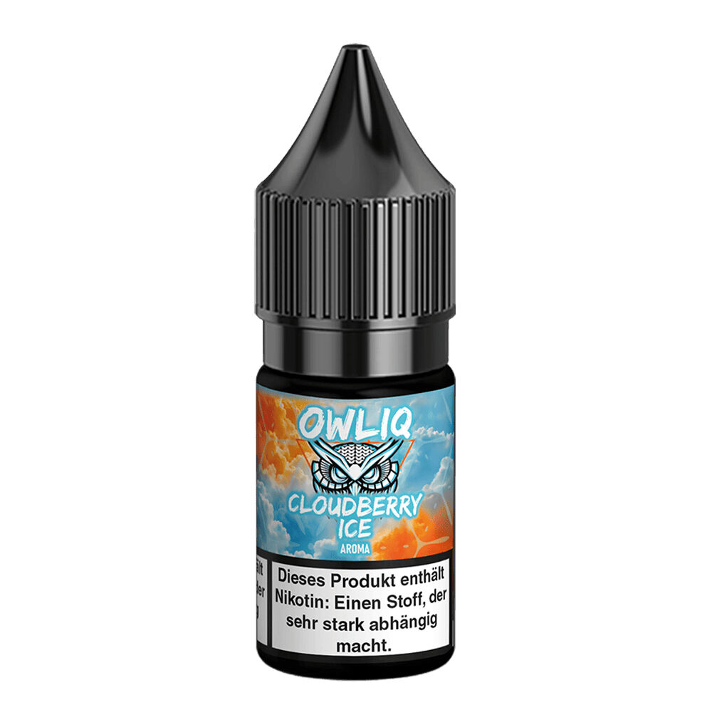 Owliq Nikotinsalz - Cloudberry Ice Flasche von Owliq Nikotinsalz Cloudberry Ice 10mg mit schwarzem Verschluss und blauer Etikettierung, Warnhinweis unten sichtbar.