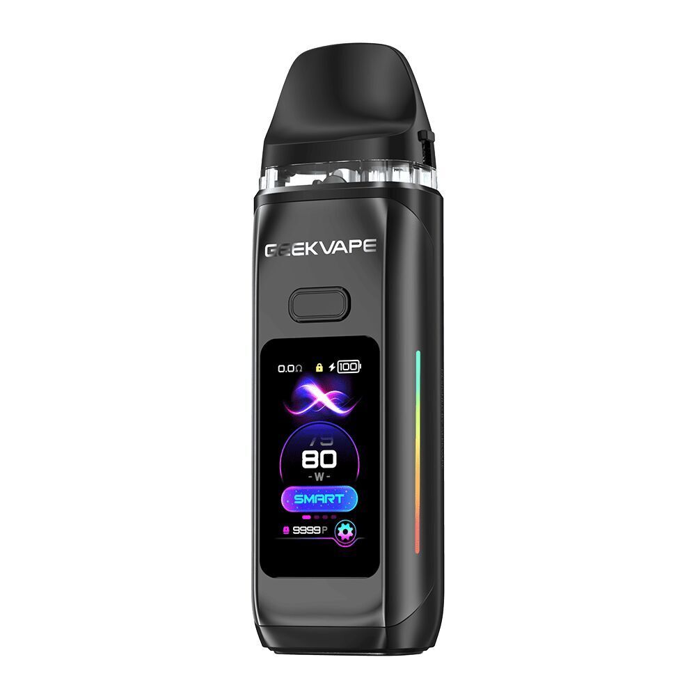 Geekvape Digi Max Pod Kit Geekvape Digi Max Pod Kit in Space Black mit Display zeigt 80W und Smart-Modus, bunte Anzeige an der Seite, Branding ist sichtbar.