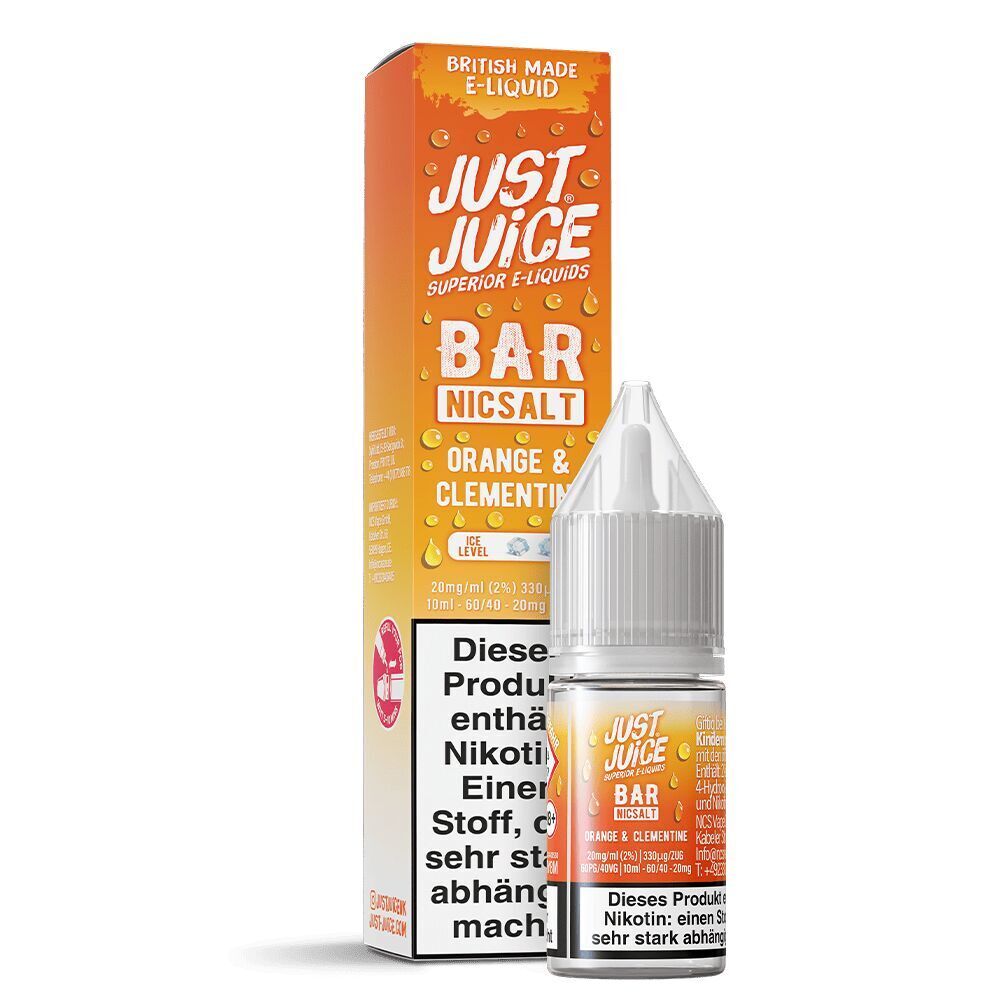 Liquid Orange & Clementine 20mg - Just Juice Just Juice Nikotinsalz - Orange & Clementine 20mg E-Liquid-Flasche vor passender Verpackung mit Herstellerangaben und Warnhinweis.