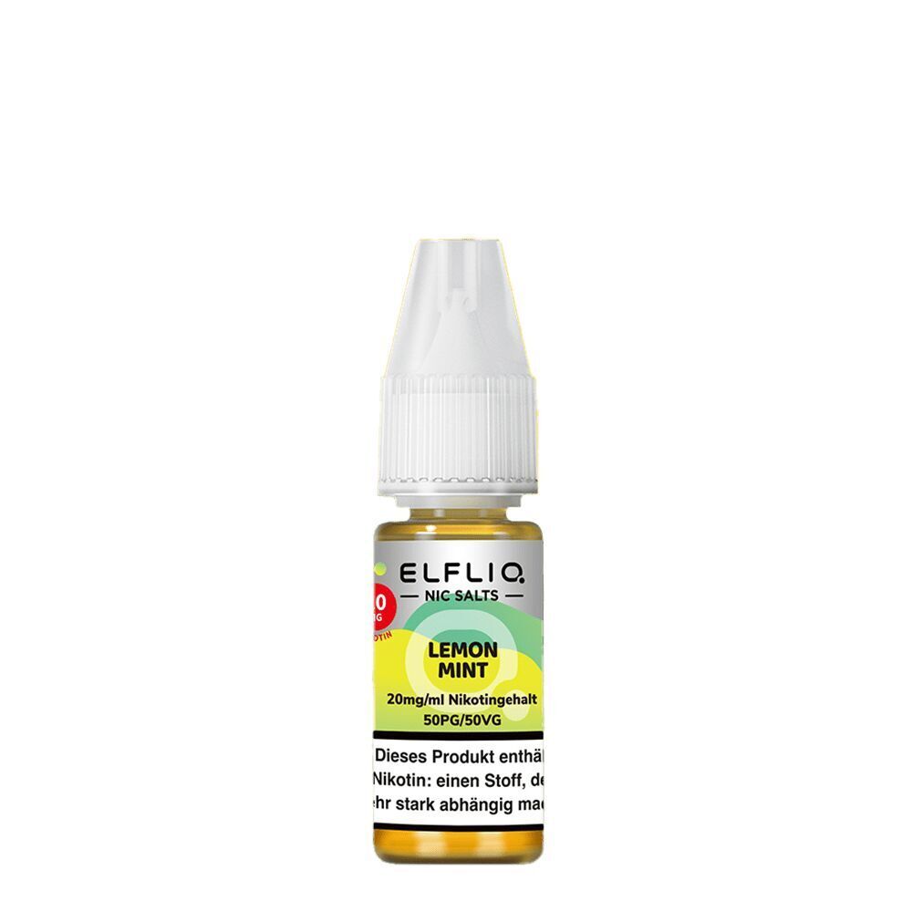 Elfliq Nikotinsalz - Lemon Mint 20mg Elfliq Nikotinsalz-Flasche Lemon Mint 20mg, 50PG/50VG, gelbe und grüne Etiketten auf einer klaren Flasche mit weißem Verschluss.