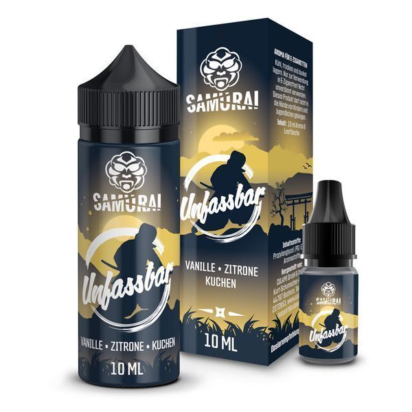 Aroma Unfassbar von Samurai Samurai Aroma - Unfassbar: Zwei Flaschen mit 10 ml E-Liquid, Vanille-Zitrone-Kuchen Duft, beide mit Samurai-Logo und Verpackung im Hintergrund