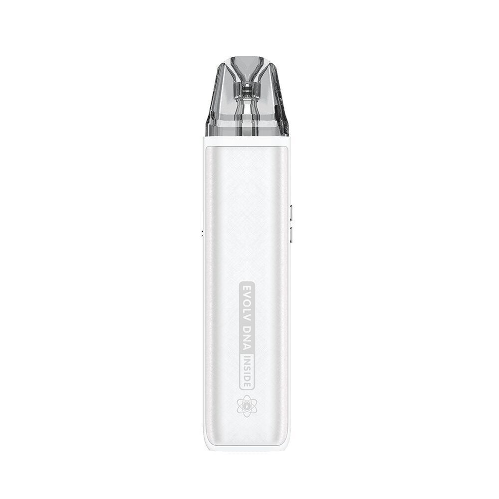 Oxva Xlim Pro 2 DNA Pod Kit - Silk White Oxva Xlim Pro 2 DNA Pod Kit in Silk White mit transparenter Kappe und sichtbarem "EVOLV DNA INSIDE"-Schriftzug auf der Vorderseite.