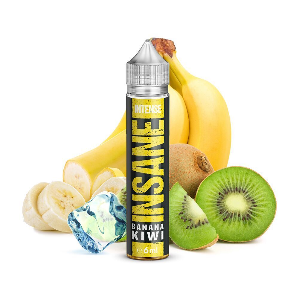 Aroma Banana Kiwi - Insane Insane Aroma E-Liquid Flasche, umgeben von frischen Bananen, Kiwi und Eiswürfel, Mischung aus Banane und Kiwi sichtbar.