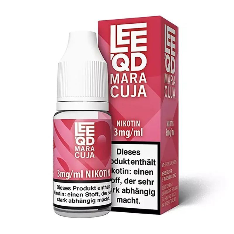Liquid Fruits Maracuja 3mg - Leeqd Lee QD Maracuja 3mg/ml Nikotinflasche und Box in Rosa mit Warnhinweis über Nikotininhalt.