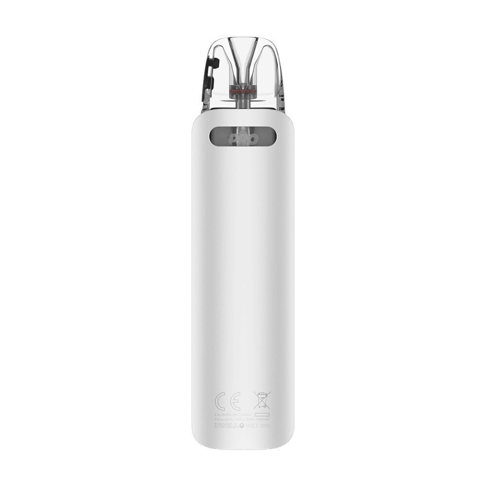 Uwell Caliburn G4 Classic Pod Kit - Classic Silver Uwell Caliburn G4 Classic Pod Kit in Weiß mit durchsichtiger Pod-Kappe und CE-Zertifizierungsmarkierungen am unteren Ende.