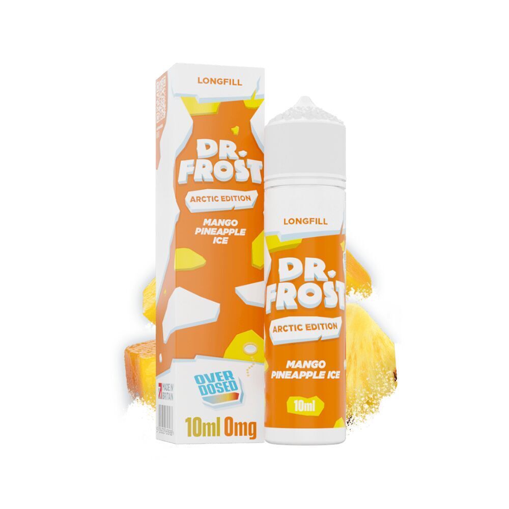 Aroma Mango Pineapple Ice - Dr. Frost Dr. Frost Aroma Mango Pineapple Ice 10ml Longfill mit orange-weißem Design neben passender Verpackung und Ananas-Illustration.