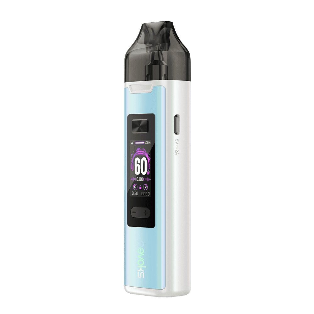 Nevoks Feelin XR Pro Pod Kit in Starry Blue mit Displayanzeige, schwarzem Mundstück und seitlichem USB-C-Anschluss.