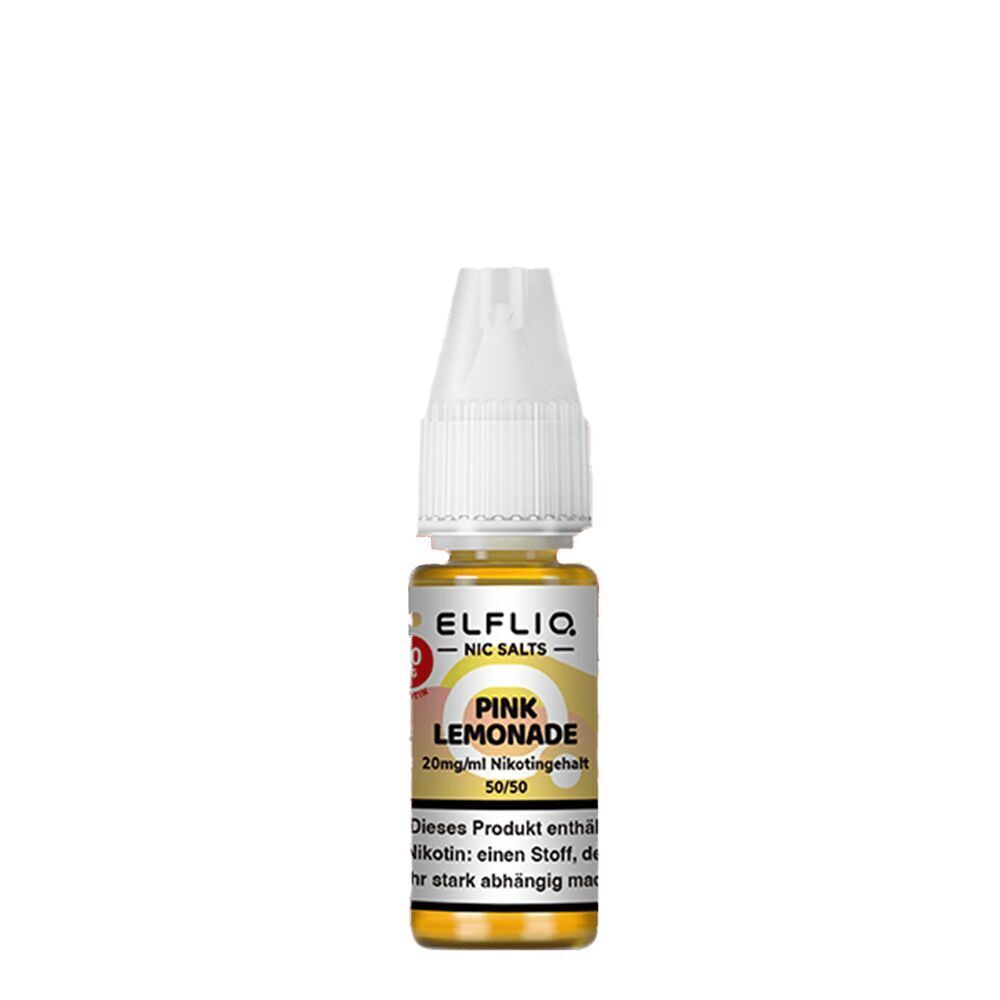Elfliq Nikotinsalz - Pink Lemonade 20mg Elfliq Nikotinsalzflasche Pink Lemonade mit 20mg/ml Nikotingehalt, weiße Kappe, gelbliche Flüssigkeit, Produktwarnung auf dem Etikett.