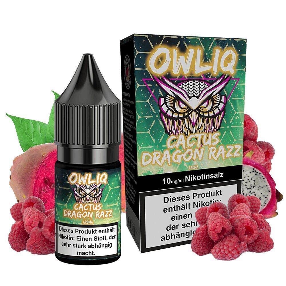 Owliq Nikotinsalz - Cactus Dragon Razz Owliq Nikotinsalz Cactus Dragon Razz 10mg Flasche und Verpackung mit Eule und Kaktus-Grafik, umgeben von Himbeeren und Drachenfrüchten