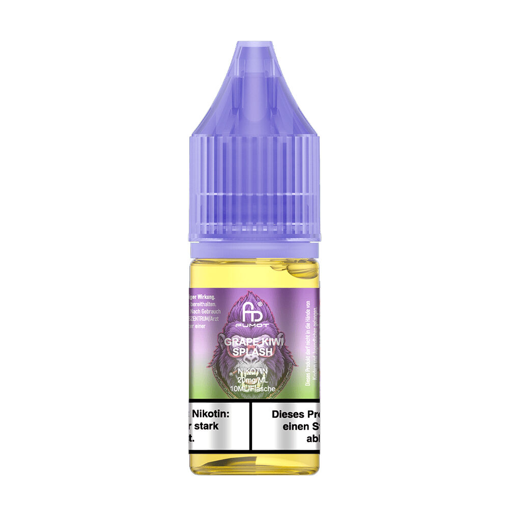 RandM Tornado Nikotinsalz Liquid Flasche mit lila Verschluss und Label mit Grape Kiwi Splash, enthält 20mg Nikotinsalz, 10ml Flüssigkeit, Warnhinweise sichtbar.