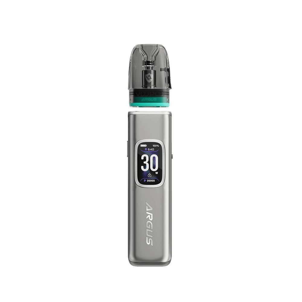 Voopoo Argus G3 Pod Kit - Space Grey Voopoo Argus G3 Pod Kit in Space Grey mit LED-Anzeige, die "30 W" zeigt und einem schwarzen Mundstück mit transparentem Element oben.
