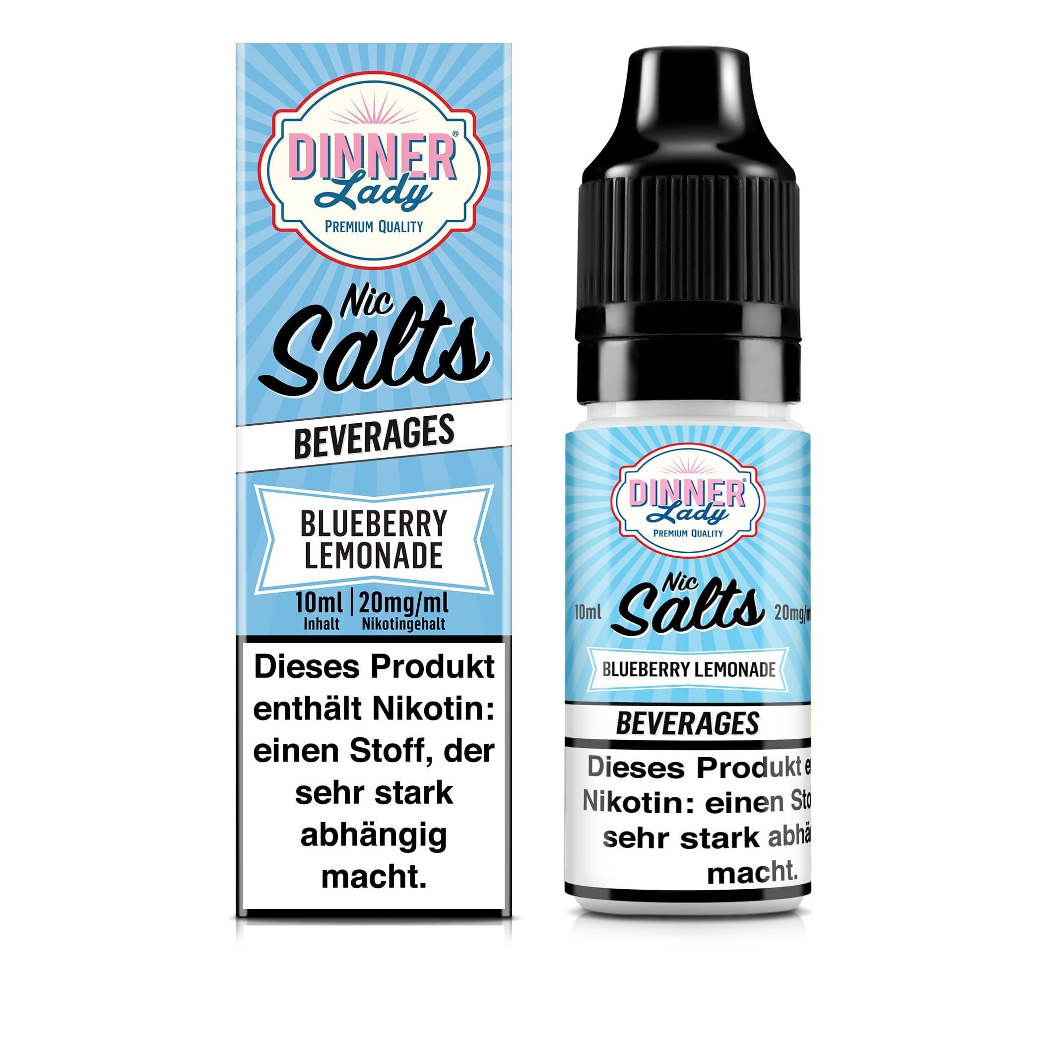 Liquid Blueberry Lemonade von Dinner Lady Dinner Lady Nikotinsalz Blueberry Lemonade 10ml, 20mg Nikotingehalt, Verpackung und Flasche mit Warnhinweis auf blaue Streifen.