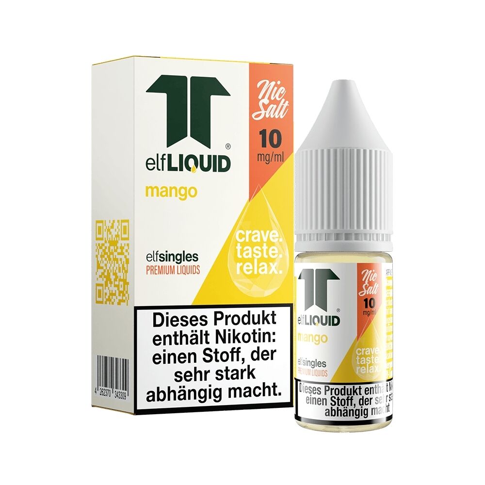 Elf Liquid Nikotinsalz - Mango 10mg Elf Liquid Nikotinsalz Mango 10 mg, Flasche und Verpackung mit Warnhinweis zu Nikotinabhängigkeit.