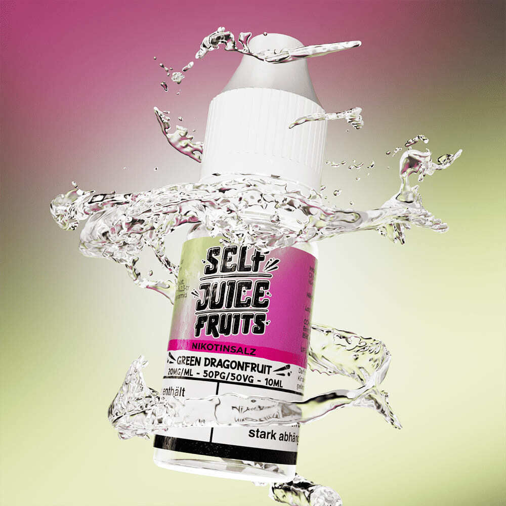 Liquid Green Dargon Fruit von Self Juice Self Juice Nikotinsalz Green Dragon Fruit Flasche mit spritzendem Wasser im Hintergrund, rosa und grünes Etikett sichtbar