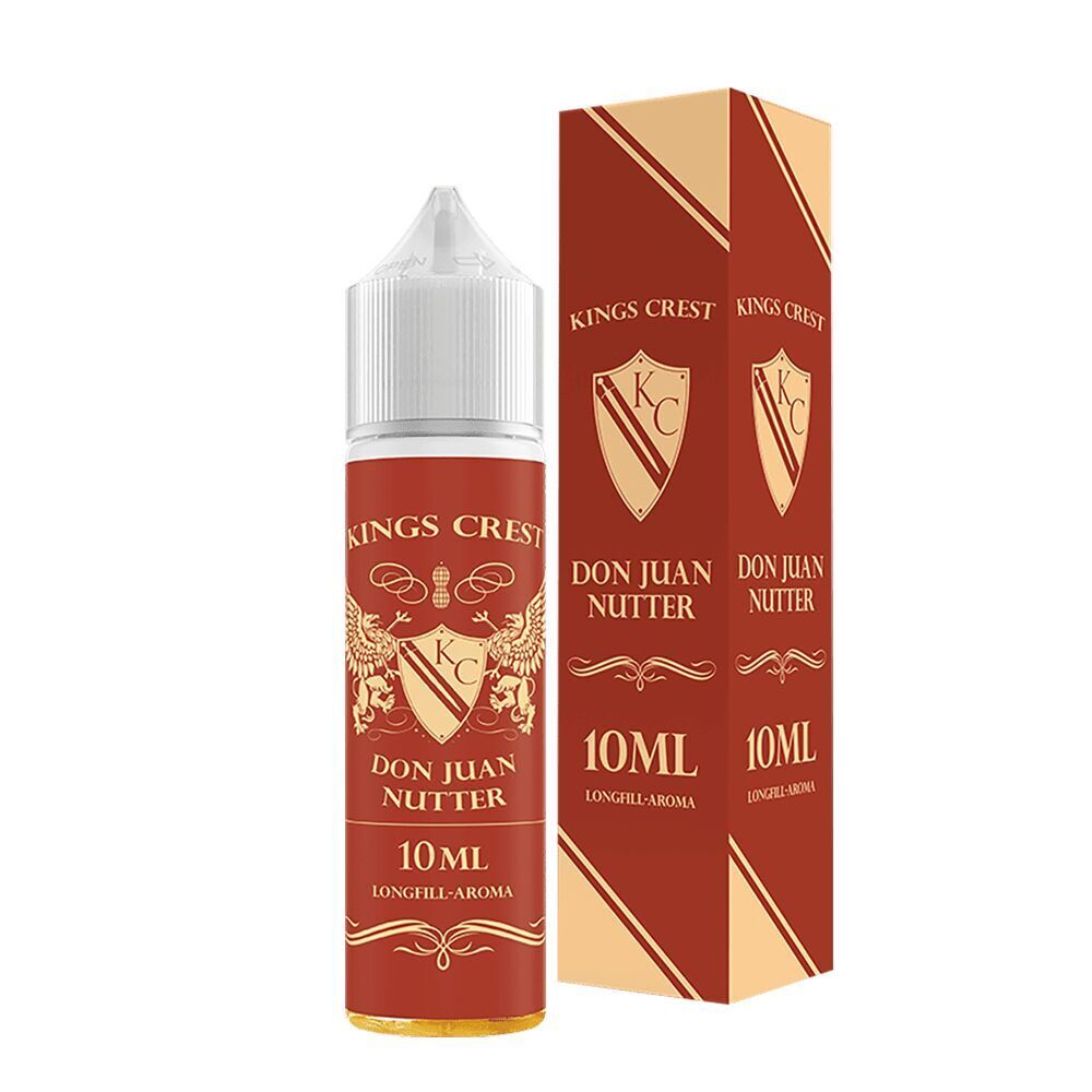Kings Crest Aroma - Don Juan Nutter Kings Crest Aroma Don Juan Nutter Flasche und Verpackung in Rot mit goldenen Verzierungen und Schildmotiv, 10 ml Longfill-Aroma.
