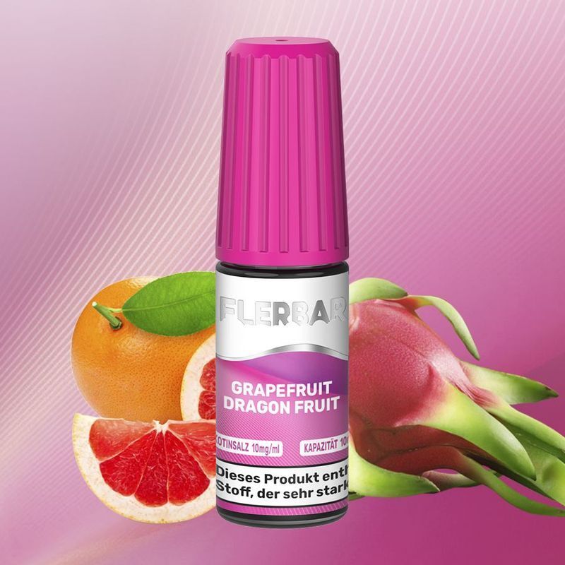 Liquid Grapefruit Dragon Fruit mit 10mg Nikotin von Flerbar Flerbar Nikotinsalz Grapefruit Dragon Fruit 10mg Flasche mit pinkem Deckel vor Grapefruit- und Drachenfrucht auf rosa Hintergrund
