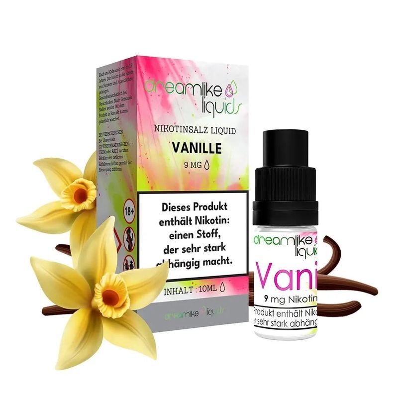 Liquid Vanille von Dreamlike Liquids Nikotinsalz-Produkt Dreamlike Vanille, 9 mg, mit Verpackung, E-Liquid-Flasche und Vanilleblütenabbildungen, Warnhinweis "enthält Nikotin".