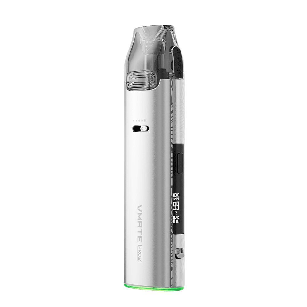 Voopoo Vmate Pro 2 Pod Kit - Glacier Silver Voopoo Vmate Pro 2 Pod Kit in Glacier Silver mit abgerundetem Design, LED-Anzeige, mattem Finish, Mundstück und sichtbarer Füllstandanzeige.