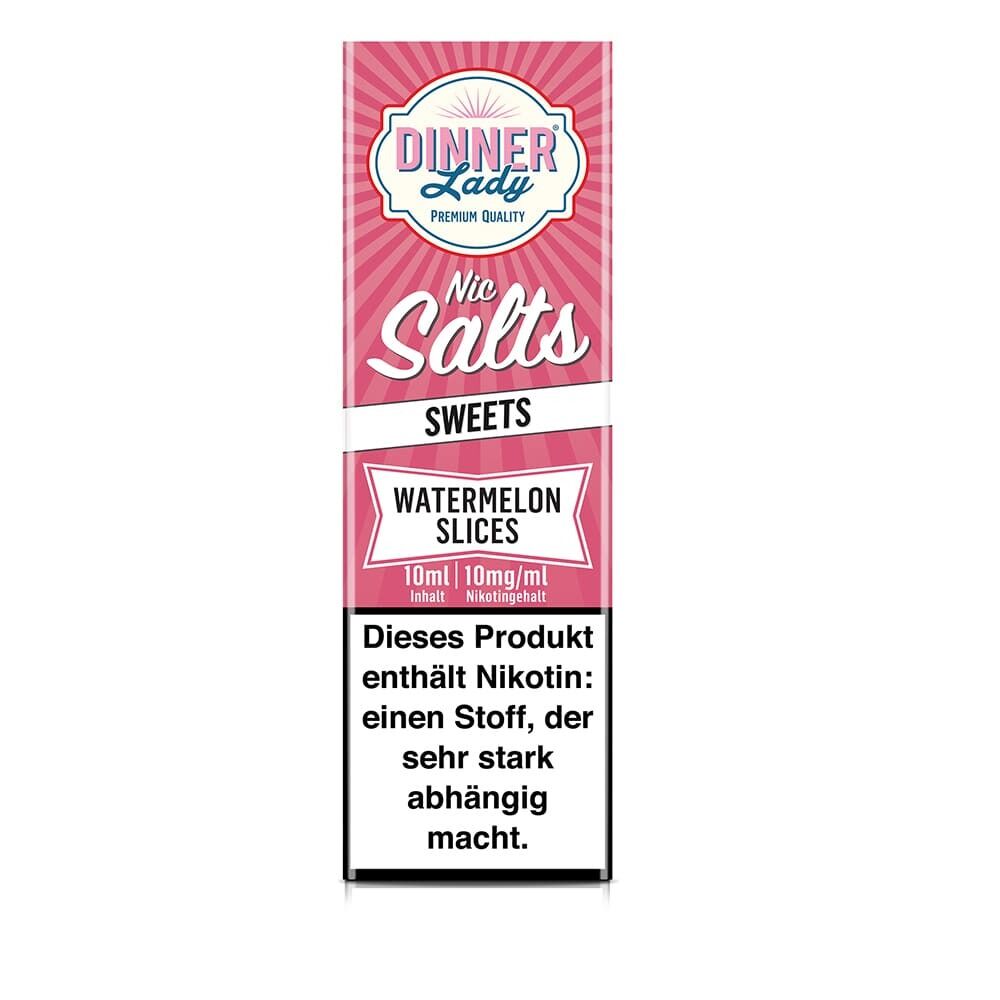 Dinner Lady Nic Salts Watermelon Slices 10mg Box mit pinkem Design, 10ml Inhalt, Hinweis auf hohen Nikotingehalt und Suchtpotenzial