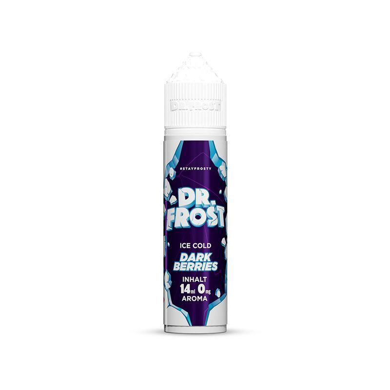Aroma Dark Berries von Dr. Frost Dr. Frost Aroma Flasche mit blau-weißer Verpackung und der Aufschrift "Ice Cold Dark Berries", 14 ml Inhalt, 0 mg Nikotin
