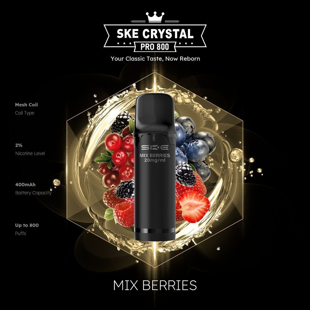 SKE Crystal 800 Pro Pods - Mix Berries SKE Crystal Pro Pods Mix Berries 20mg E-Zigarette mit bunten Beeren und goldenen Effekten, 2% Nikotin, bis zu 800 Züge, schwarzes Gehäuse.