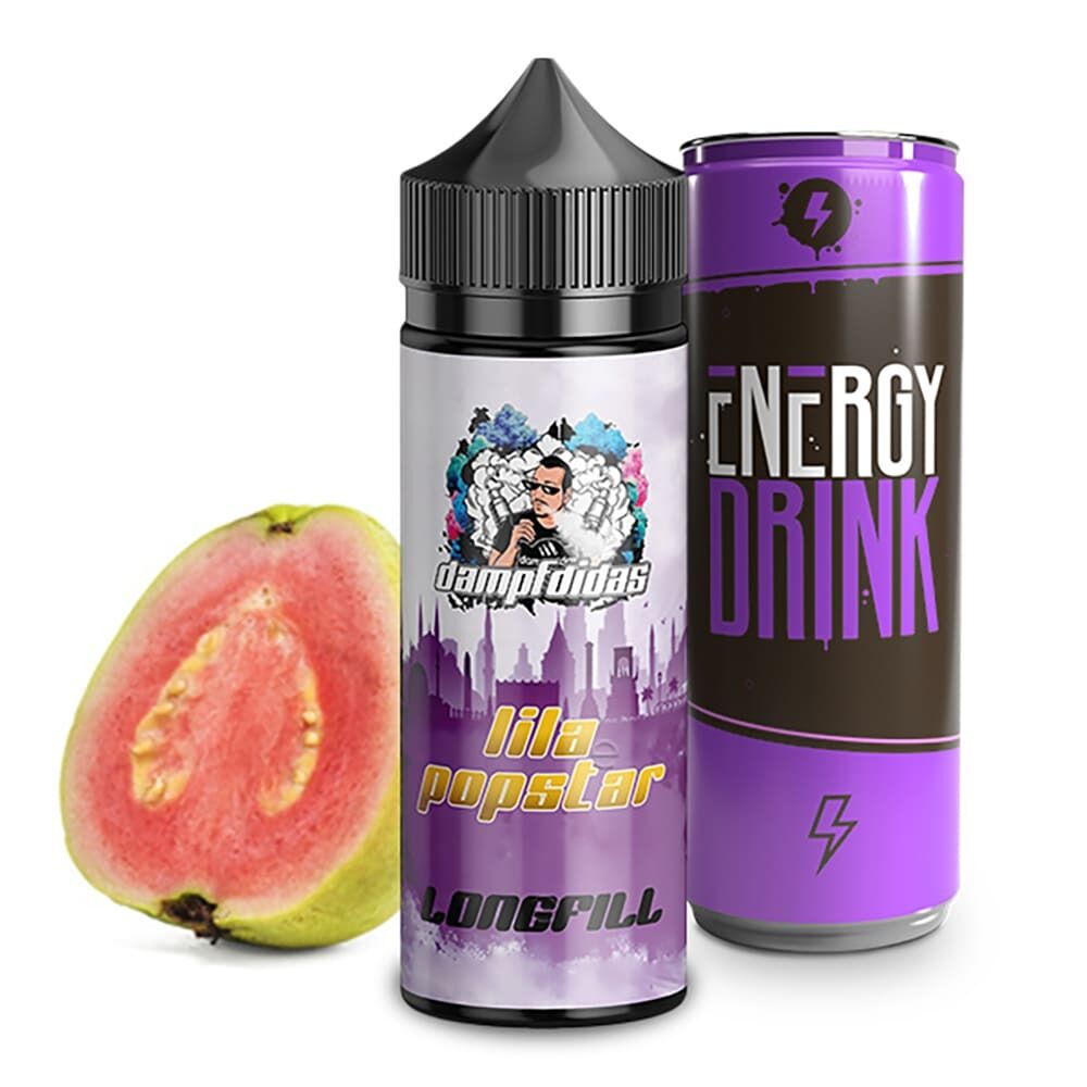 Aroma Lila Popstar - Dampfdidas Das Bild zeigt das Dampfdidas Aroma Lila Popstar Longfill neben einer halben Guave und einer lila Energy Drink Dose.