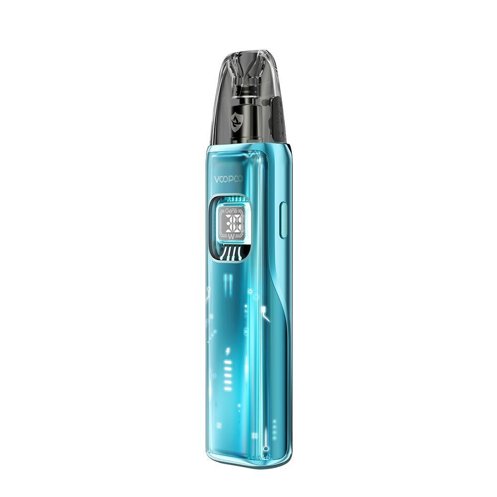 Voopoo Argus Matrix Pod Kit Voopoo Argus Matrix Pod Kit in metallischem Blau mit transparentem Mundstück und kleiner Anzeige an der Vorderseite.