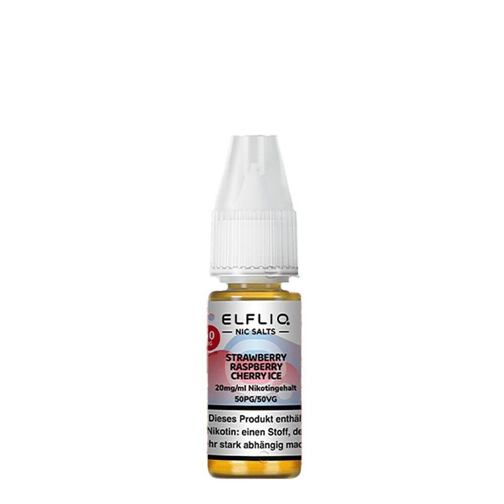 Elfliq Nikotinsalz - Strawberry Raspberry Cherry Ice 20mg Elfliq Nikotinsalz-Flasche mit Strawberry Raspberry Cherry Ice Geschmack, 20mg Nikotingehalt, 50PG/50VG, weißer Verschluss.